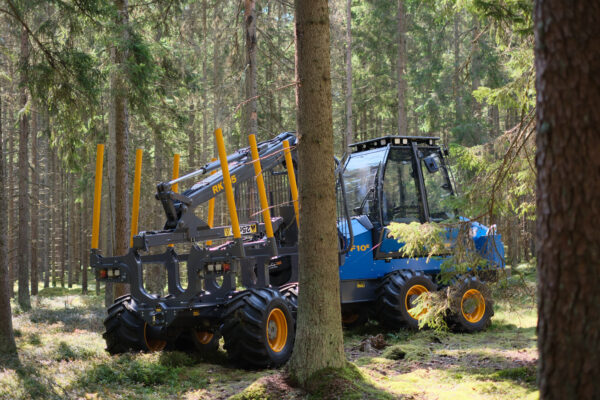 Rottne F10E forwarder in the forest surrounded by trees.